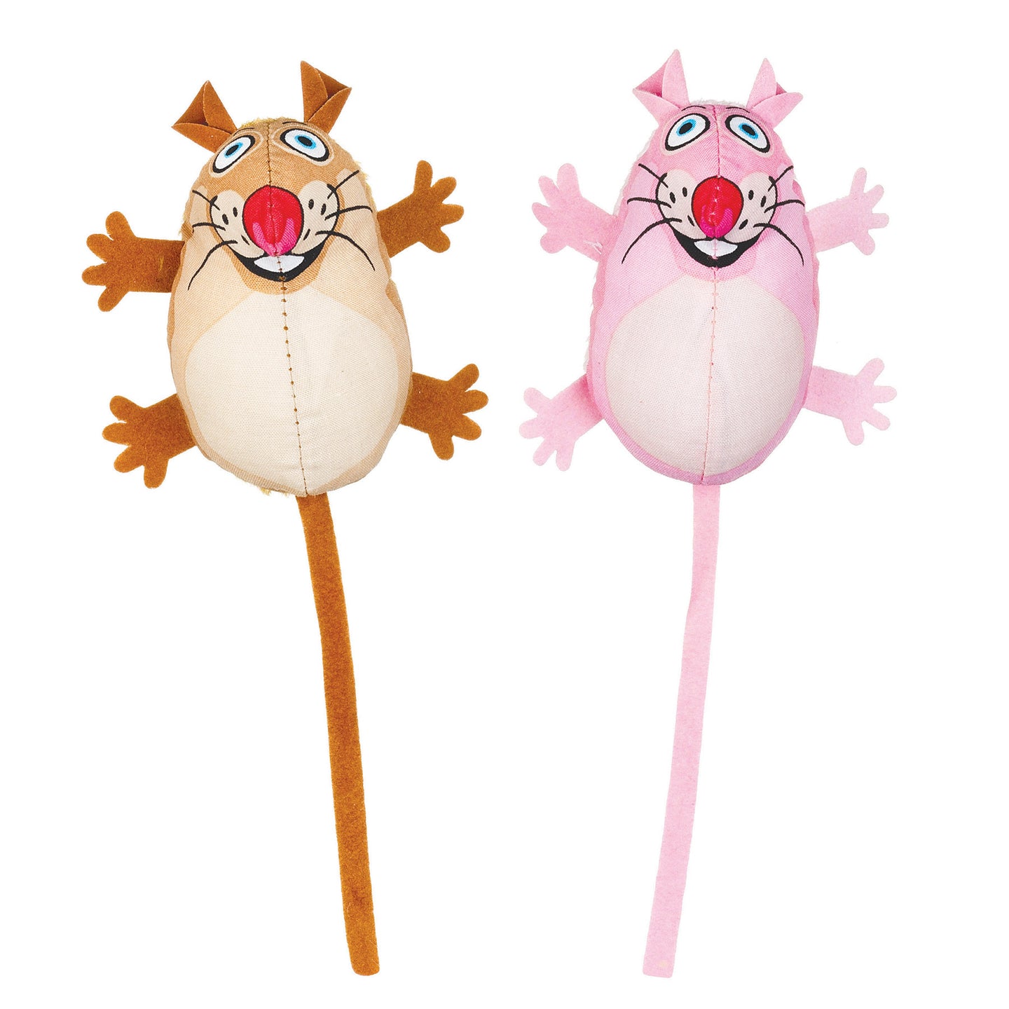 The FAT CAT Classic Eeeks! Cat Toy by Fatcat features two cartoonish plush mice, one brown and one pink. With big blue eyes, a red nose, long tails, and spread-out limbs against a white background, theyre perfect for playtime with their Zoom Around the Room energy!.