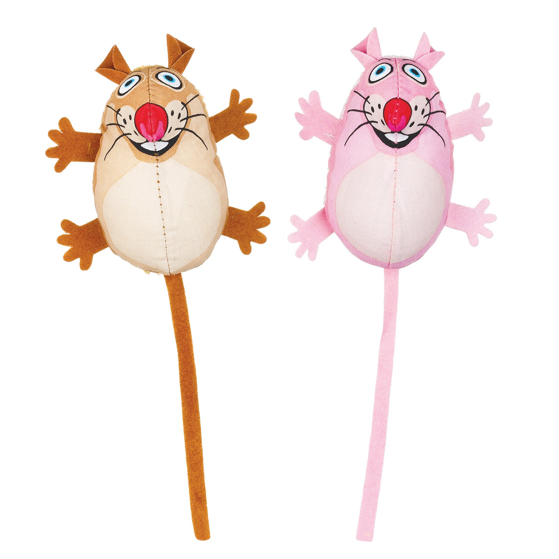 The FAT CAT Classic Eeeks! Cat Toy by Fatcat features two cartoonish plush mice, one brown and one pink. With big blue eyes, a red nose, long tails, and spread-out limbs against a white background, theyre perfect for playtime with their Zoom Around the Room energy!.