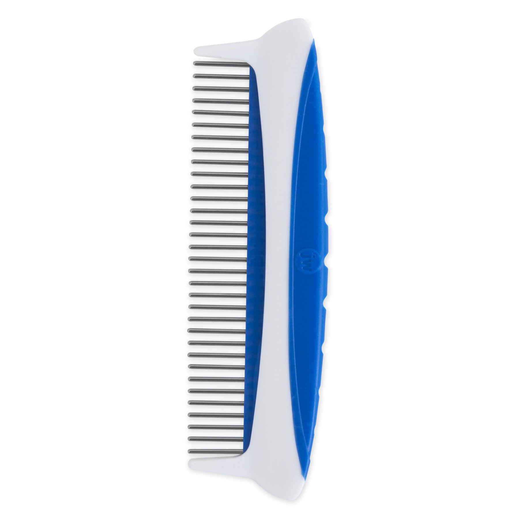 The JW Gripsoft Rotating Comfort Comb by Jw, with a blue handle and white edges, is ideal for detangling a dogs coat. It features a textured grip for comfort and rotating stainless steel teeth that effortlessly remove loose fur.