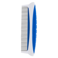 The JW Gripsoft Rotating Comfort Comb by Jw, with a blue handle and white edges, is ideal for detangling a dogs coat. It features a textured grip for comfort and rotating stainless steel teeth that effortlessly remove loose fur.
