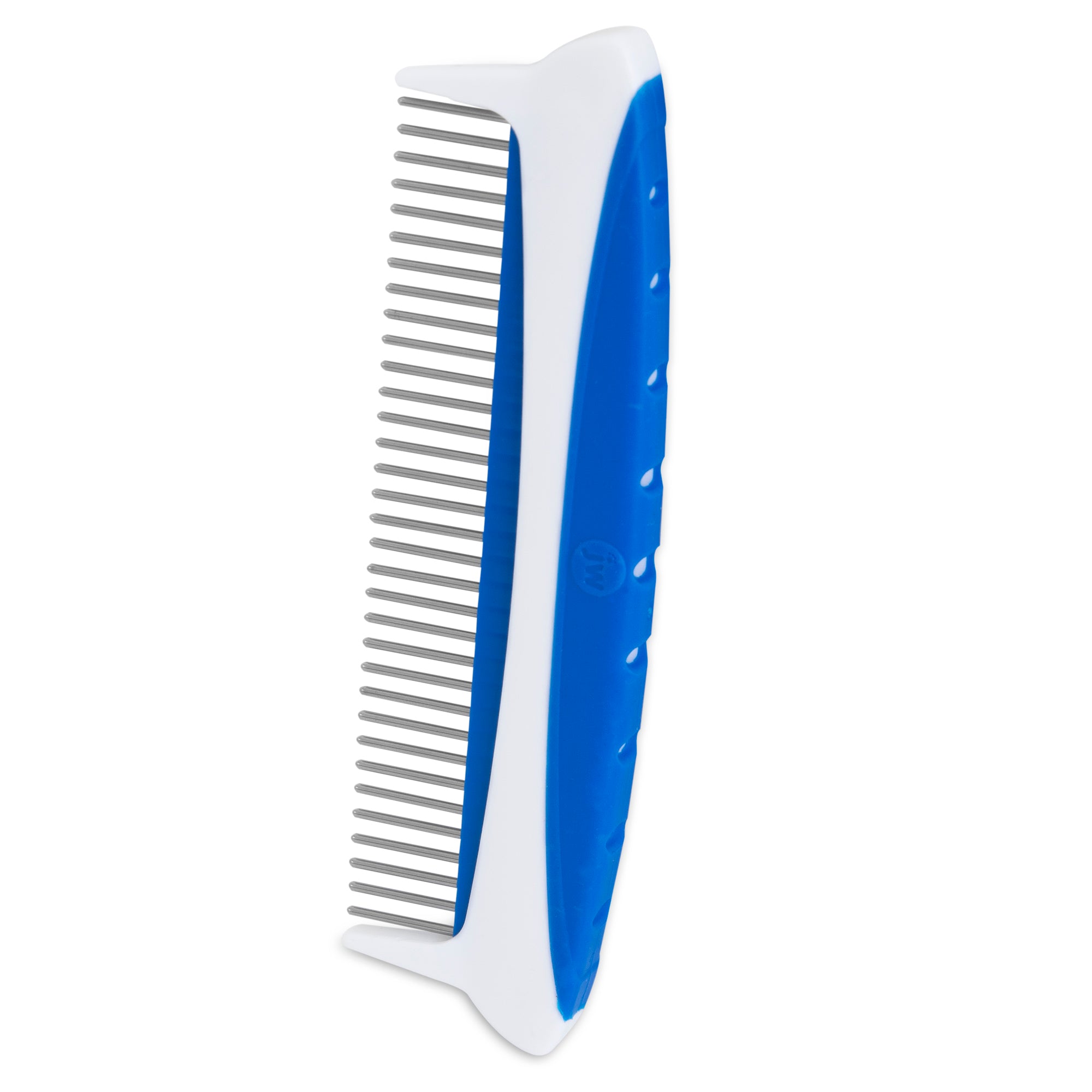 The white and blue JW Gripsoft Rotating Comfort Comb by Jw, featuring fine rotating stainless steel teeth and an ergonomic blue handle with a rubber grip for easy dog coat detangling, is displayed vertically against a plain background.