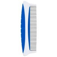 The JW Gripsoft Rotating Comfort Comb by JW is a blue and white grooming tool with a dual-sided design. It has wide teeth on one side and narrower, rotating stainless steel teeth on the other, plus a curved, ergonomic handle with a textured grip for easy detangling of your dogs coat.