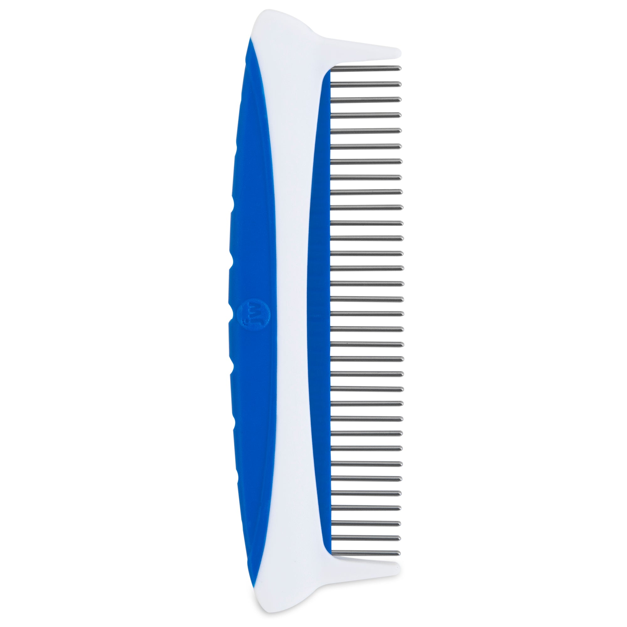 The JW Gripsoft Rotating Comfort Comb by JW is a blue and white grooming tool with a dual-sided design. It has wide teeth on one side and narrower, rotating stainless steel teeth on the other, plus a curved, ergonomic handle with a textured grip for easy detangling of your dogs coat.