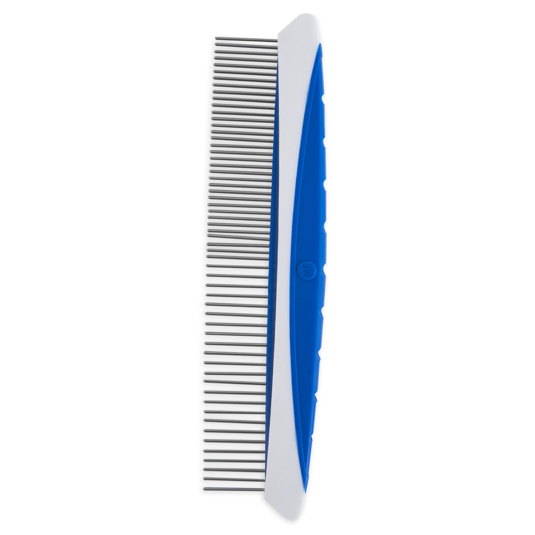 The JW Gripsoft Fine & Coarse Comfort Comb by Jw features a sleek white and blue ergonomic design with a non-slip handle. It includes tightly-spaced stainless steel teeth on one side and wider-spaced plastic teeth on the other for efficient dog grooming.