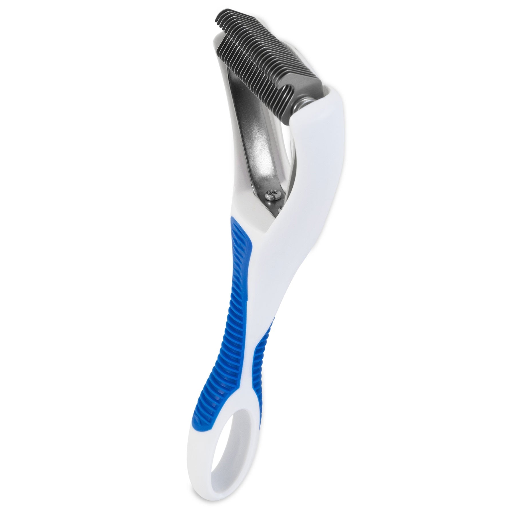 Discover the JW Gripsoft Dog Deshedding Tool by Jw, featuring a white and blue ergonomic handle with GripSoft technology. The stainless steel blades effectively remove loose fur and undercoat, while a loop at the end ensures easy hanging.