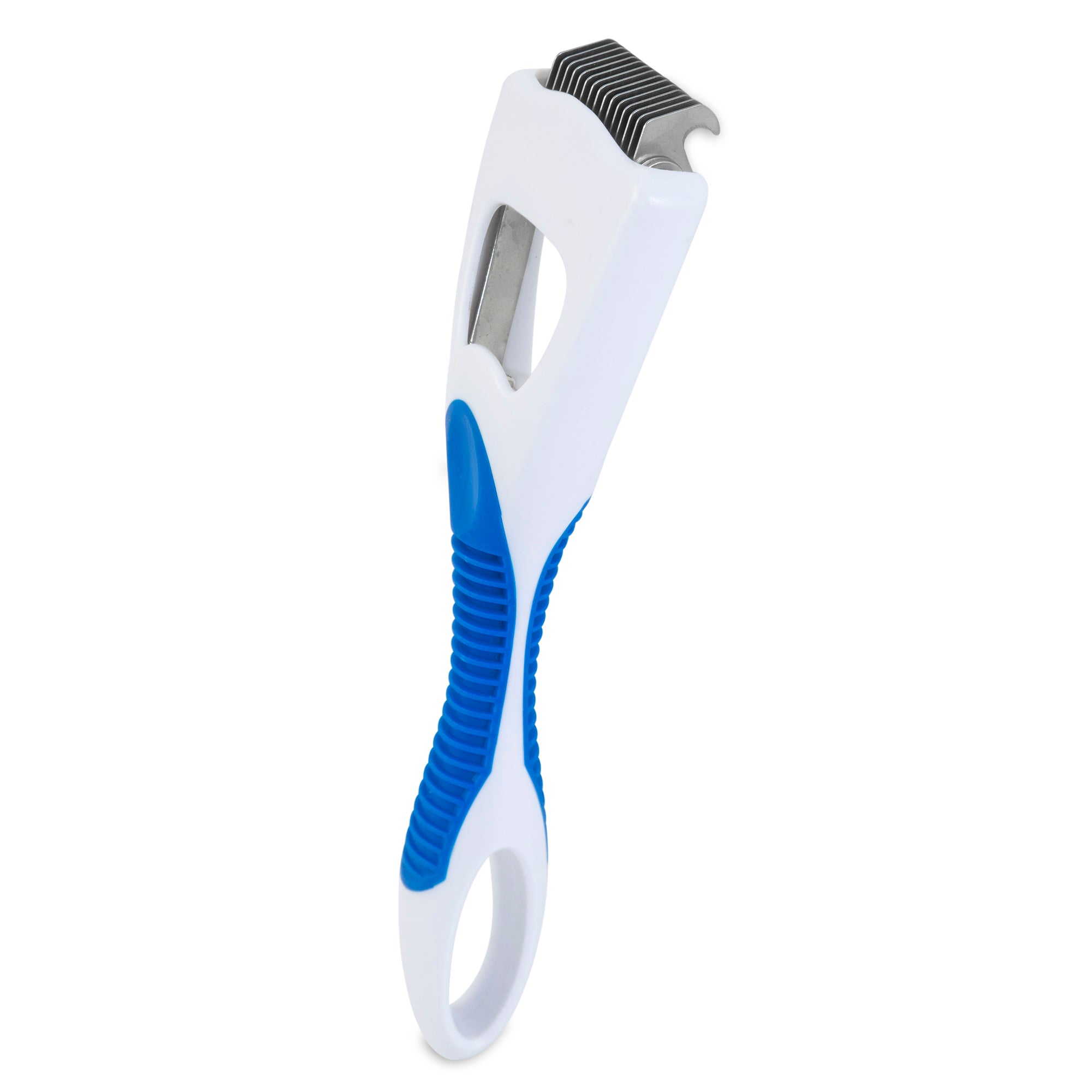 The JW Gripsoft Cat Deshedding Tool by Jw boasts a curved handle for comfort and stainless steel blades, making it ideal for detangling and removing loose fur.
