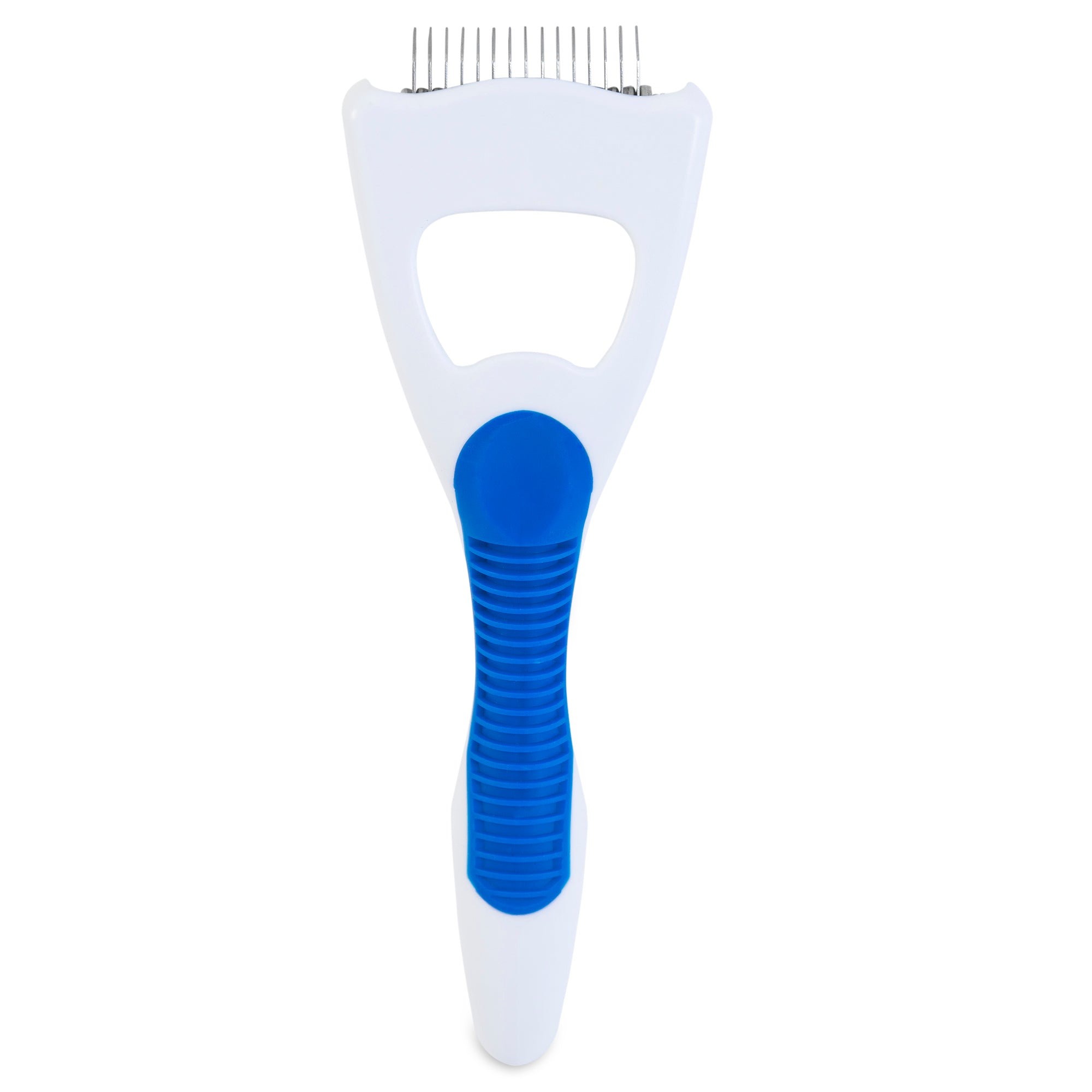 The JW Gripsoft Cat Deshedding Tool by Jw is a white grooming rake featuring thin stainless steel teeth to remove loose fur and tangles. Its blue ergonomic handle ensures a comfortable grip.
