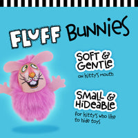 The FAT CAT Classic Fluff Bunnies Cat Toy by Fatcat features pink fur with a playful expression against a blue background. Highlighting its softness and hideable size, it includes organic catnip for playful zooms, adorned with a black and white striped border at the top.