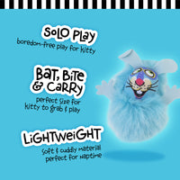 A blue Fatcat FAT CAT Classic Fluff Bunnies Cat Toy with a cartoon face and ears lies on a turquoise backdrop. Features include: Solo Play for boredom-free fun, Bat, Bite & Carry: perfect kitty size, and Lightweight, soft material with organic catnip for naptime.