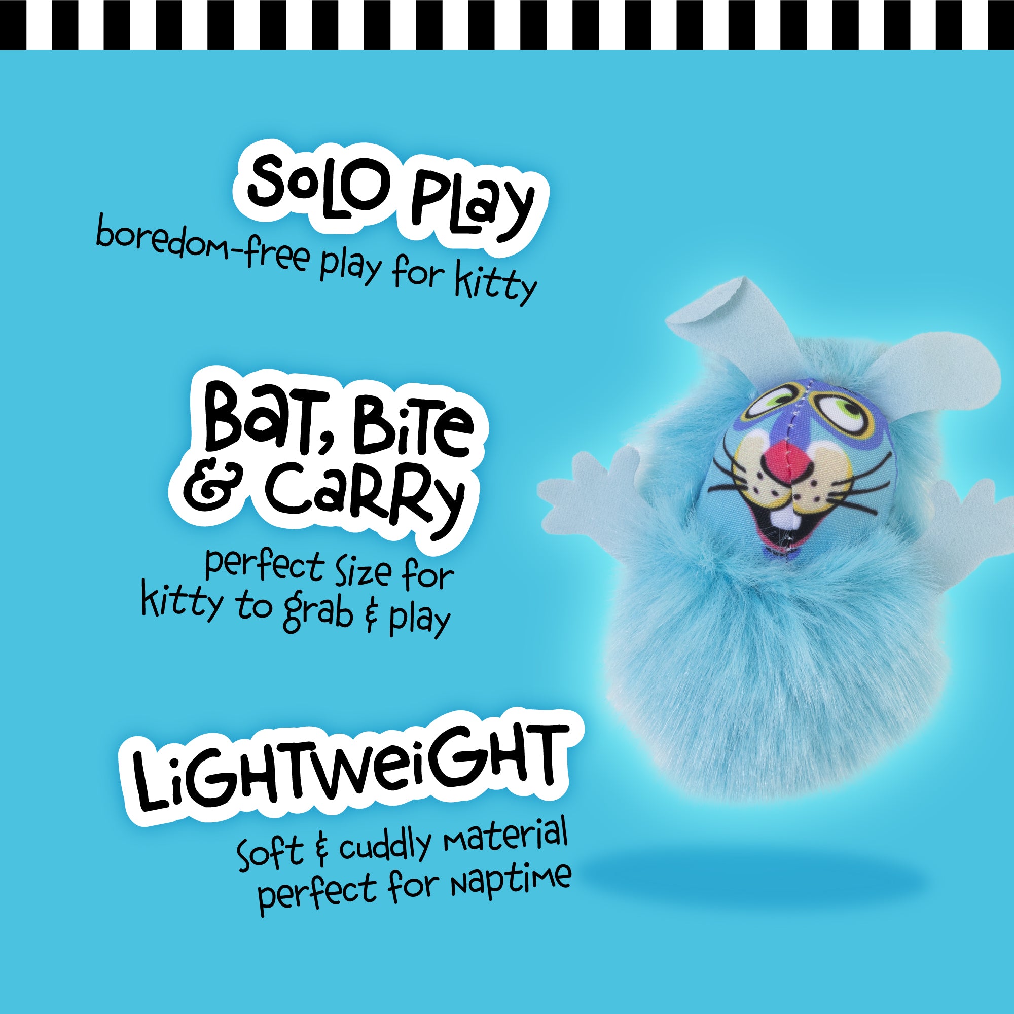 A blue Fatcat FAT CAT Classic Fluff Bunnies Cat Toy with a cartoon face and ears lies on a turquoise backdrop. Features include: Solo Play for boredom-free fun, Bat, Bite & Carry: perfect kitty size, and Lightweight, soft material with organic catnip for naptime.
