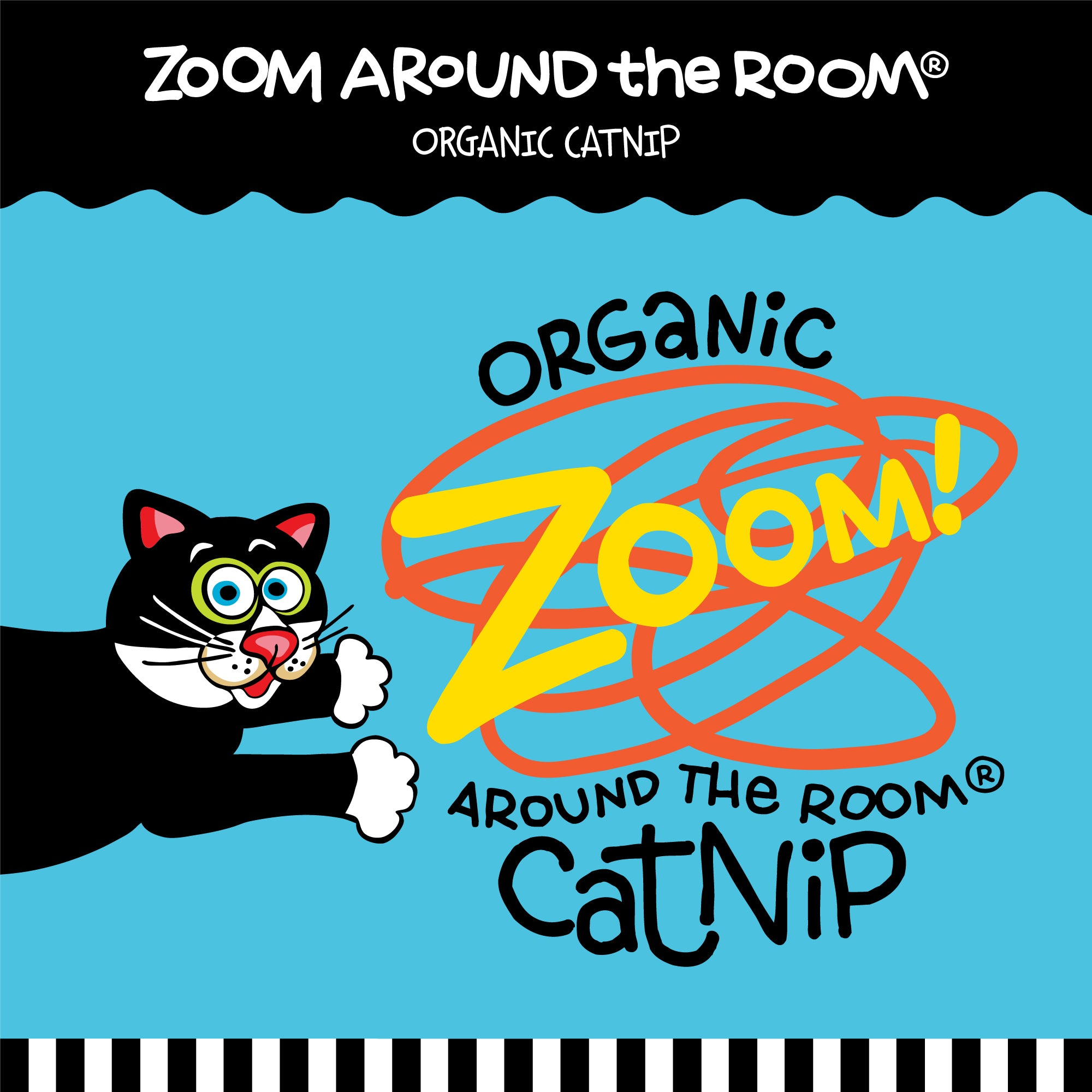 A playful black cat with a white muzzle and paws reaches out beneath the text FAT CAT Classic Fluff Bunnies Cat Toy by Fatcat, with Zoom Around the Room Organic Catnip and a vibrant Zoom! in the center.