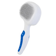 The JW Gripsoft Self-Cleaning Slicker Brush by Jw features an ergonomic blue and white handle with fine metal bristles ideal for detangling and smoothing fur. Its shown against a white background, effectively managing excess shedding hair.