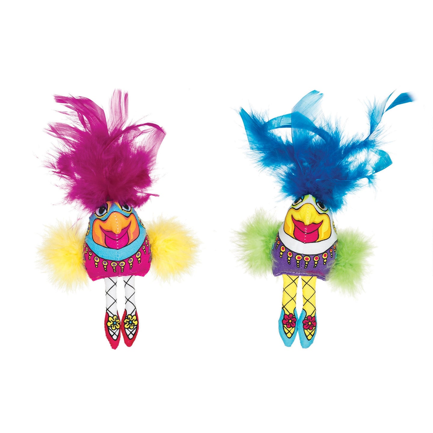 Add feathery fun to any room with the FAT CAT Classic Showgulls Cat Toy by Fatcat, featuring two vibrant bird figures: one with purple feathers and yellow accents, the other in blue and green, both adorned with intricate patterns and fluffy feather details.