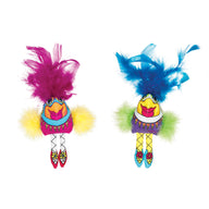 Add feathery fun to any room with the FAT CAT Classic Showgulls Cat Toy by Fatcat, featuring two vibrant bird figures: one with purple feathers and yellow accents, the other in blue and green, both adorned with intricate patterns and fluffy feather details.