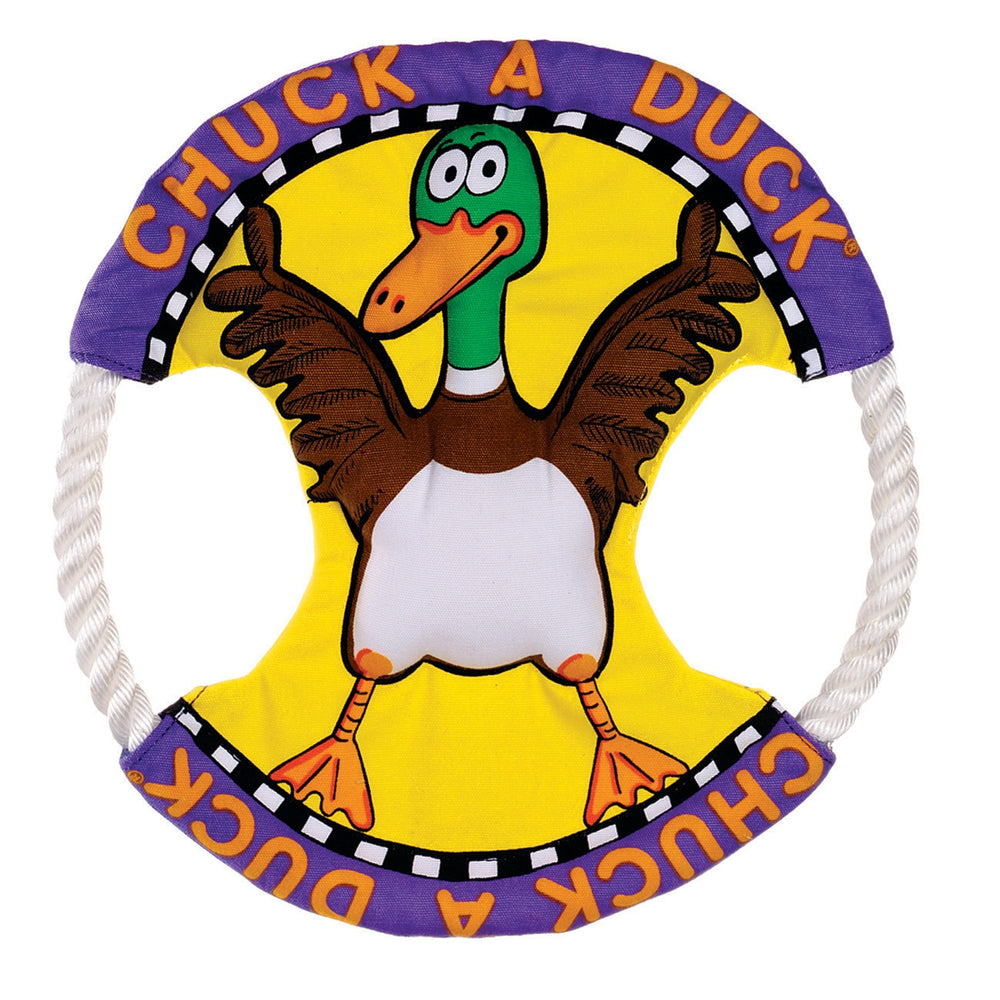 The Fatcat Classic Dog Toy Rings showcase a vibrant design with two rope handles and a fabric center featuring an illustrated duck with open wings. Built for durability, Chuck A Duck shines on the yellow and purple backdrop, ensuring elevated entertainment.
