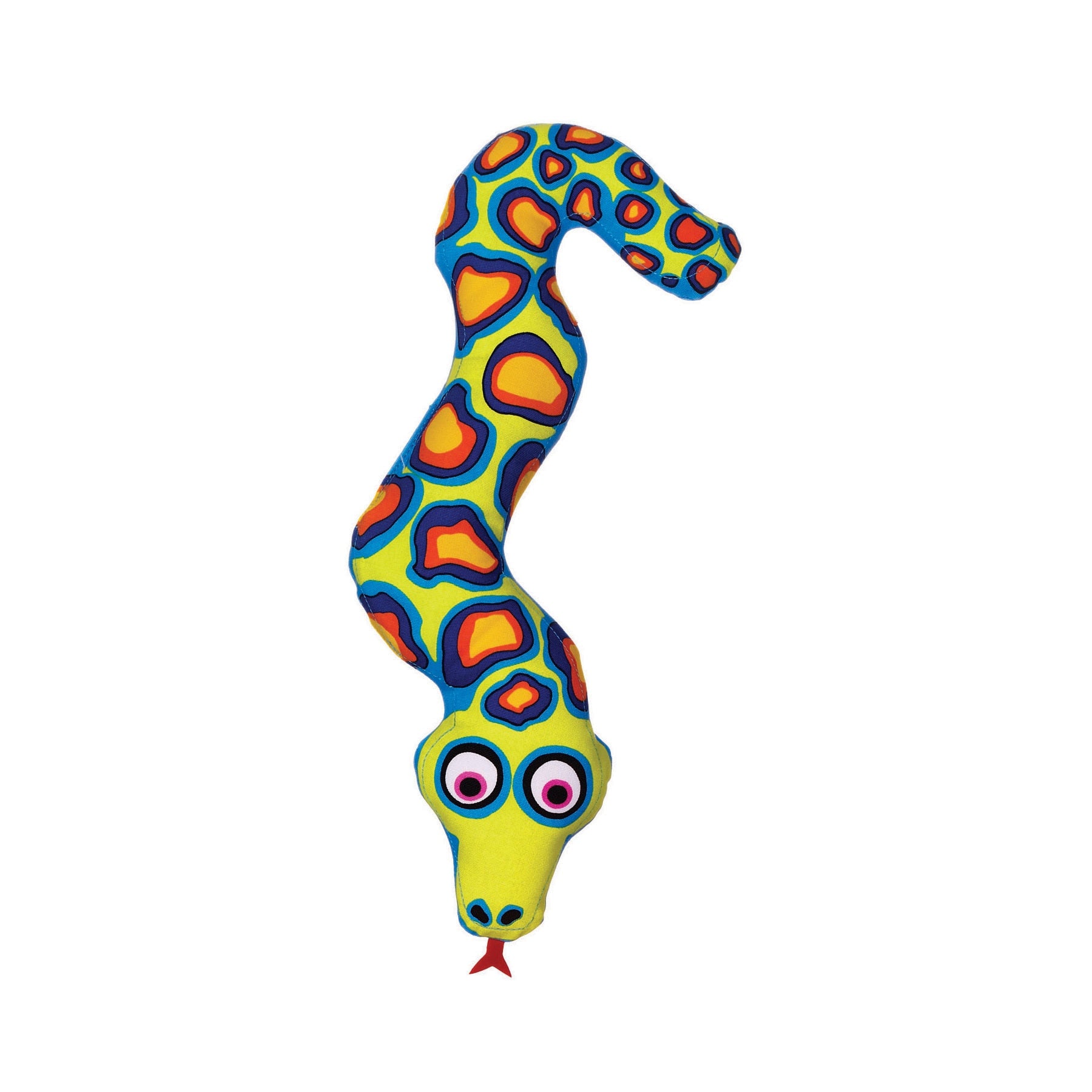 The Fatcat Classic Incredible Strapping Yankers Dog Toy is a colorful snake featuring a vibrant blue, red, and orange spot pattern on a yellow body. It has large cartoonish eyes, a small red tongue, durable nylon straps for tugging fun, and an S-curve shape for enhanced interactive playtime.
