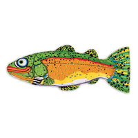 The whimsical fish pillow, with vibrant green, orange, and yellow shades, cartoonish eyes, and a speckled pattern, is as delightful as the Fat Cat Classic Incredible Strapping Yankers Dog Toy by Fatcat.
