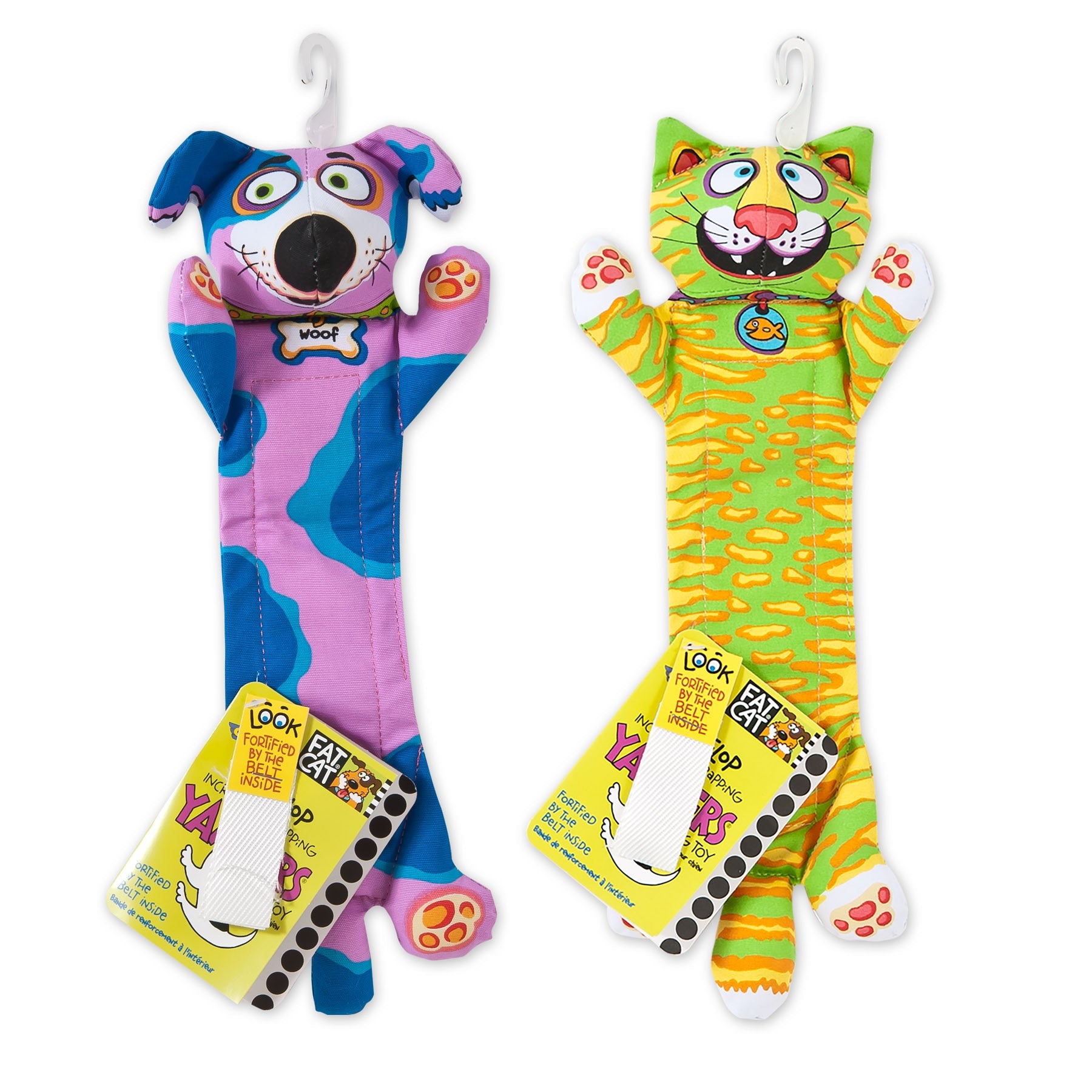 Two colorful hanging catnip toys: a blue/purple dog and an orange/yellow cat. The dog has a goofy expression for playful tug-o-war, while the cat sports wide eyes. Both include hooks and yellow Yappers tags. From Fatcat, these are known as Fat Cat Classic Incredible Strapping Flip-Flop Yankers Dog Toys.