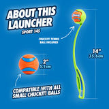 A blue backdrop highlights a green Chuckit! Sport Launcher by Chuckit, holding a blue and orange tennis ball in its cup. It features an ergonomic rubber handle for hands-free pickup. Text includes: About This Launcher, 14 (35.6cm), 2 (5.1cm) ball, fits all small Chuckit! balls.