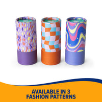 Three cylindrical Arm & Hammer Gotta Go Waste Bag Dispensers, featuring vibrant abstract patterns and either purple or orange bases, stand side by side—each combining style with built-in odor control. Text below reads “AVAILABLE IN 3 FASHION PATTERNS” on a white and orange background.