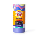 The Arm And Hammer Gotta Go Waste Bag Dispenser offers 75 fresh-scented waste bags for excellent odor control, all stored in a vibrant cylindrical container decorated with purple, yellow, and pink wavy patterns at the top.