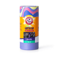 The Arm And Hammer Gotta Go Waste Bag Dispenser offers 75 fresh-scented waste bags for excellent odor control, all stored in a vibrant cylindrical container decorated with purple, yellow, and pink wavy patterns at the top.