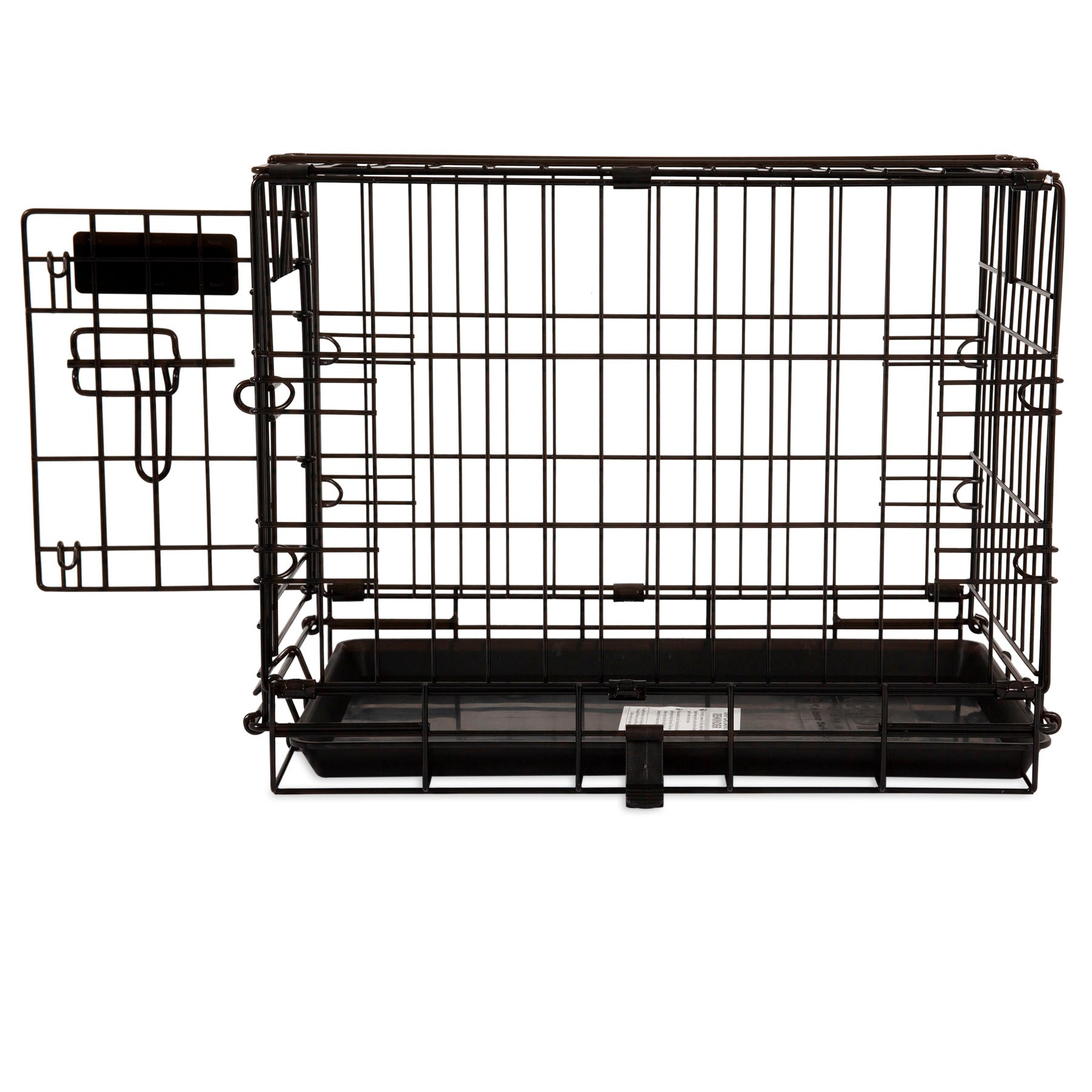 The Precision Pet ProValu 1 Door Wire Crate by Precision Pet Products is a black metal wire pet crate with a 5-point locking system and a partially open door. It features a rust-resistant coating and includes a removable plastic tray, all set against a white background.