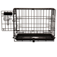 The Precision Pet ProValu 1 Door Wire Crate by Precision Pet Products is a black metal wire pet crate with a 5-point locking system and a partially open door. It features a rust-resistant coating and includes a removable plastic tray, all set against a white background.