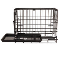 The Precision Pet ProValu 1 Door Wire Crate by Precision Pet Products is a black metal crate with a rust-resistant finish. It features an open front door, a sliding tray, and ensures security with its 5-point locking system.