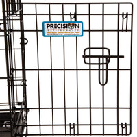 The Precision Pet ProValu 1 Door Wire Crate by Precision Pet Products is a black metal pet crate with a rust-resistant finish, a front latch, an open left side, and a 5-Point Locking System for added security.
