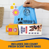 A hand holds a blue Arm & Hammer scented waste bag, infused with baking soda and floral designs. Below, an open EZ Dispense Box labeled Arm & Hammer Pantry Pack Waste Bags 300 ct. reveals more bags. Text reads, Includes 300 count fresh scent waste bags. The scene is set on a kitchen counter.