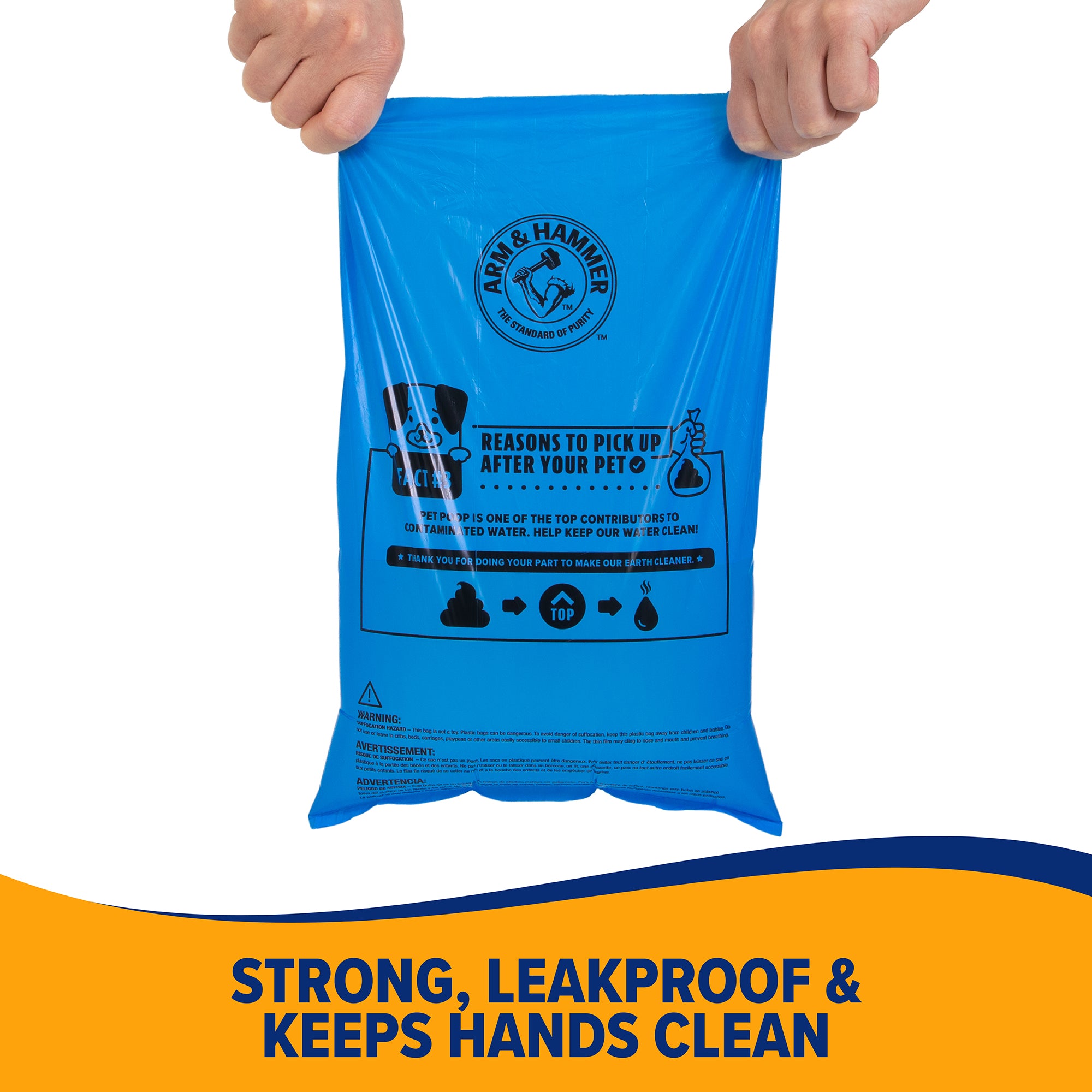 The Arm & Hammer Pantry Pack Waste Bags (300 ct.) feature a blue design with activated baking soda for odor control. They ensure strength, leakproof quality, and clean hands. The bag showcases a cartoon dog with use tips and is accented by a yellow and blue bottom banner.