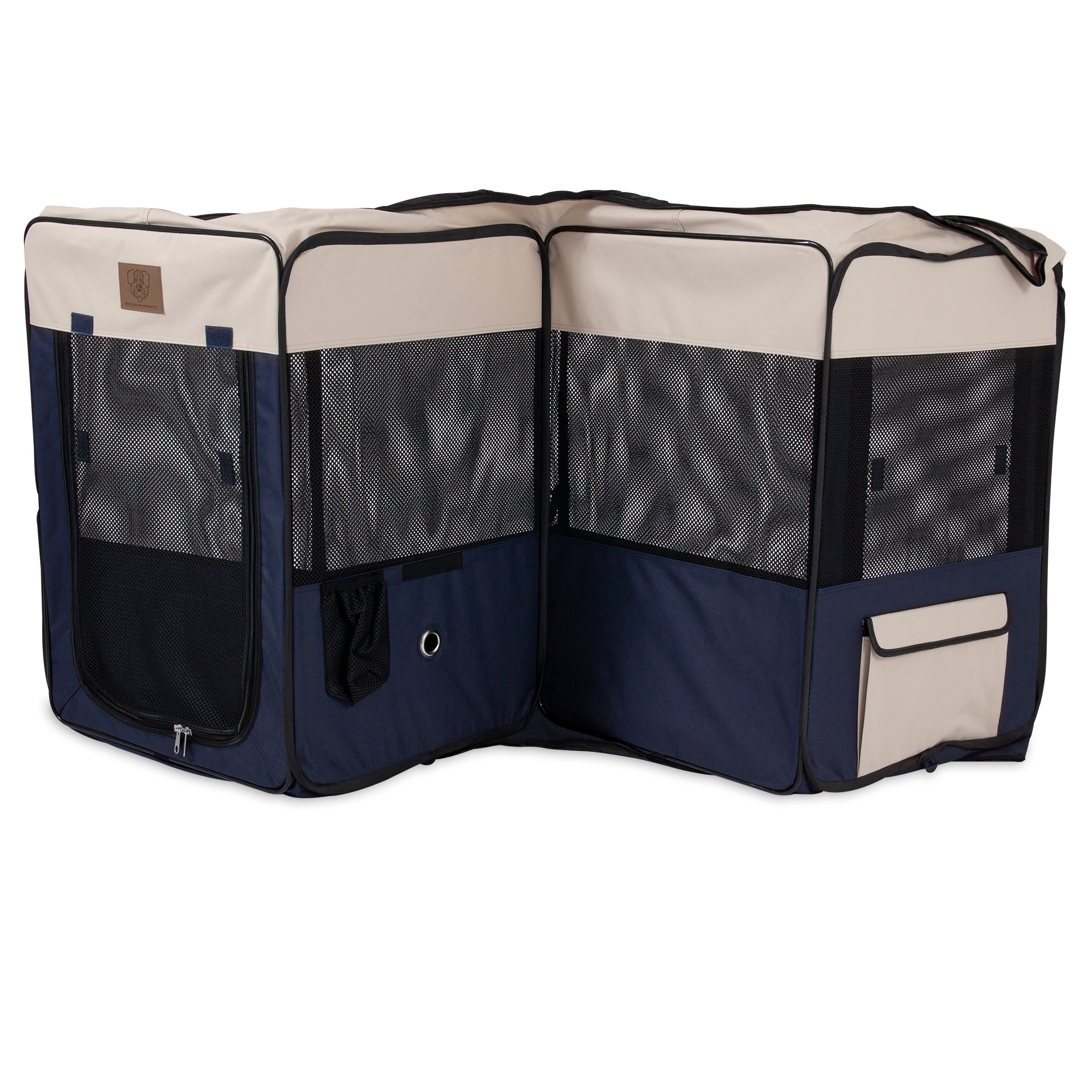 Introducing the Precision Pet Soft Side Play Yard by Precision Pet Products, a collapsible beige and navy blue pet playpen. It features mesh windows for ventilation, zippered doors, is water-resistant, and includes a storage pocket and carrying handle for convenient indoor or outdoor use.