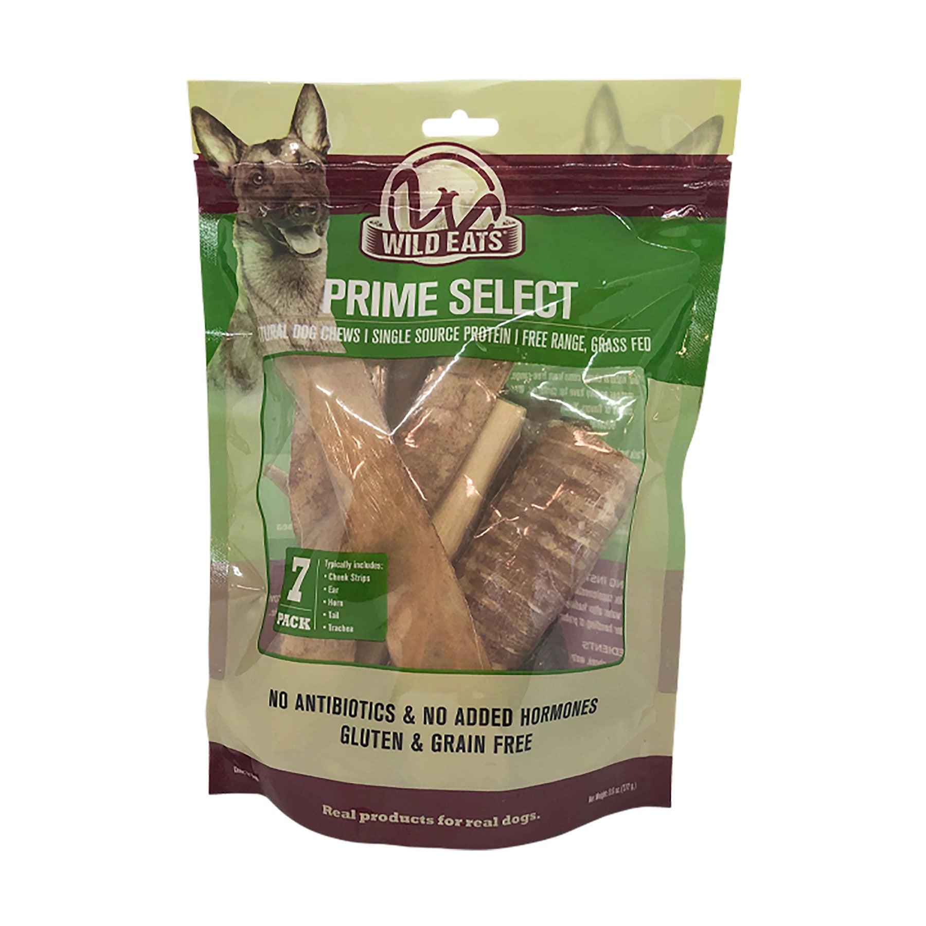 The Wild Eats Prime Select Water Buffalo Variety Pack, a 7-pack of dog chews, highlights protein-rich Water buffalo chews. The packaging underscores benefits like natural dental health and features such as single-source protein, free-range, grass-fed, antibiotic-free, and gluten-free quality.