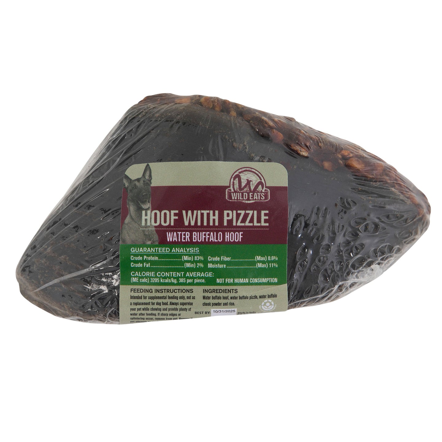The Wild Eats Hoof With Pizzle packaging features a dark, hoof-shaped water buffalo chew, emphasizing dental health benefits. It displays the nutritional information and the Wild Eats brand logo.