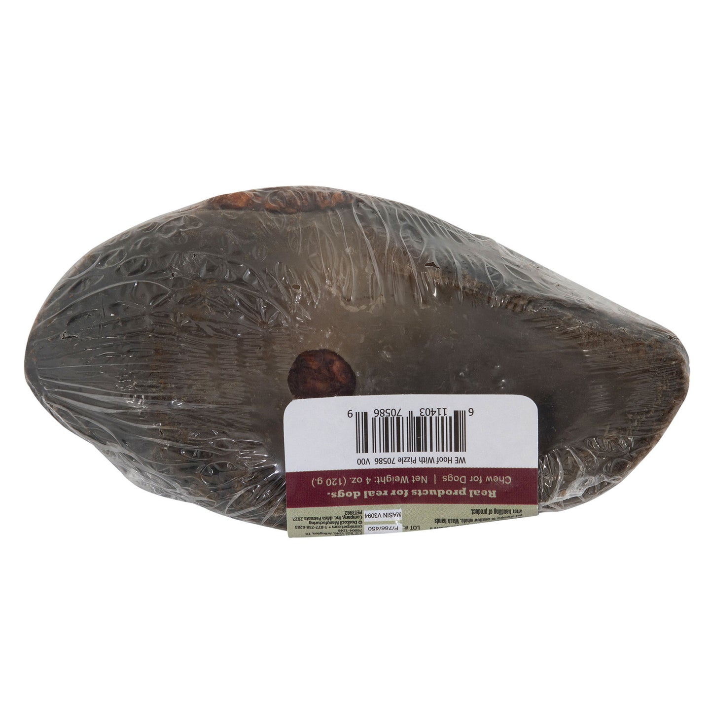 The Wild Eats Hoof With Pizzle, resembling a water buffalo hoof, is wrapped in clear plastic with a label. This product features an oval shape with a rough exterior and suggests natural chews that promote dental health.