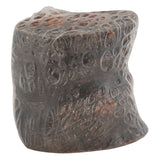 The Wild Eats Water Buffalo Tuffie With Pizzle, from Wild Eats, resembles a polished dark stone with circular indentations. Its glossy top catches the light while the matte bottom remains subtle. Its abstract and irregular form adds intrigue to any space.