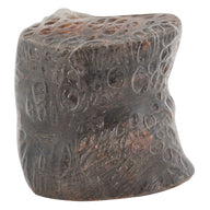 The Wild Eats Water Buffalo Tuffie With Pizzle, from Wild Eats, resembles a polished dark stone with circular indentations. Its glossy top catches the light while the matte bottom remains subtle. Its abstract and irregular form adds intrigue to any space.