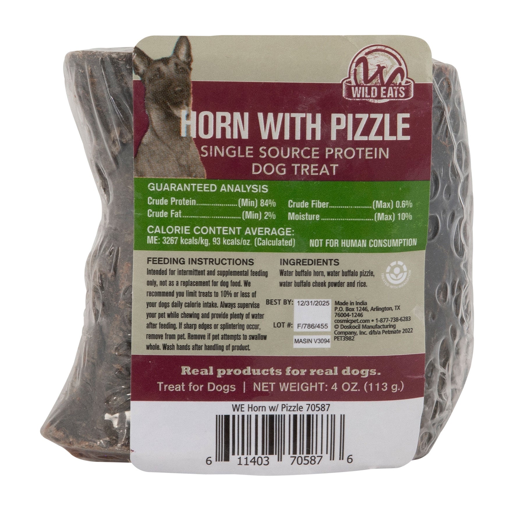 Close-up of a Wild Eats Water Buffalo Tuffie With Pizzle package, featuring a wild animal design. This 4 oz (113g) natural treat acts as a dog teeth cleaning aid and single-source protein snack, with feeding instructions to enhance your dogs chew time.