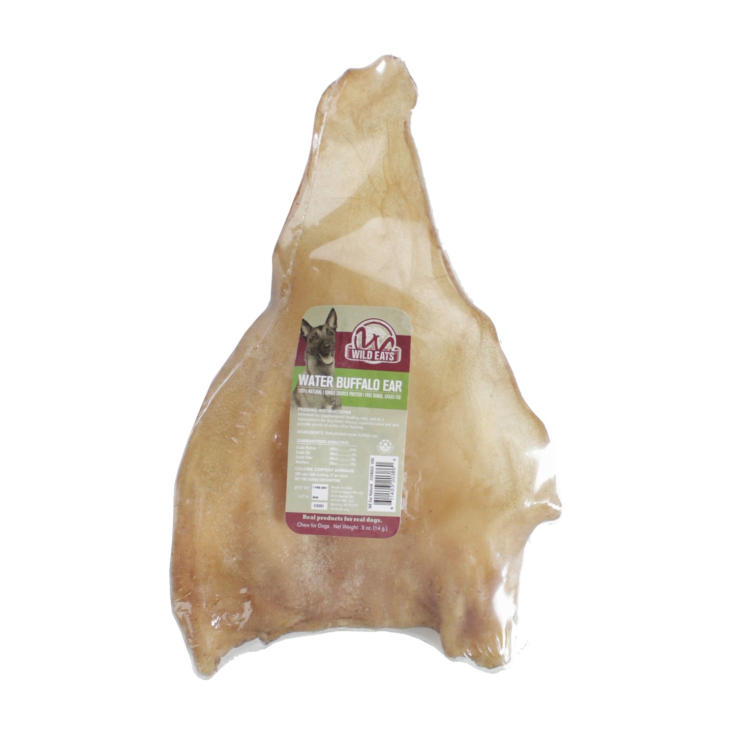 The Wild Eats Natural Water Buffalo Ear dog chew is packaged to highlight its Single Source Protein feature. The clear packaging reveals the natural, light brown chews and includes a label with the product and brand name, Wild Eats.