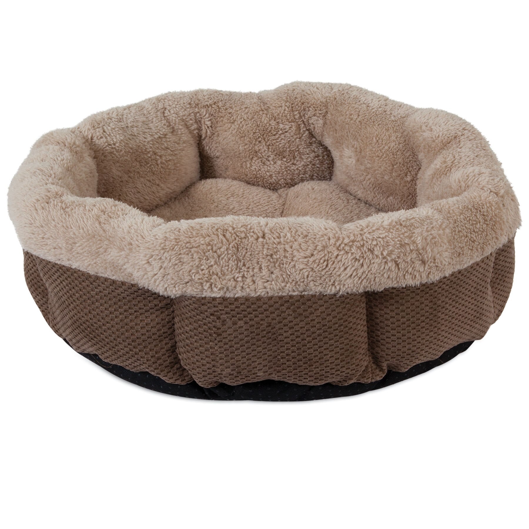 The SnooZZy Shearling Round Bed by Snoozzy features a cozy, machine washable pet bed with a soft beige lining and dark brown exterior. Its high cushioned edge ensures support, creating a snug nesting space for pet comfort.