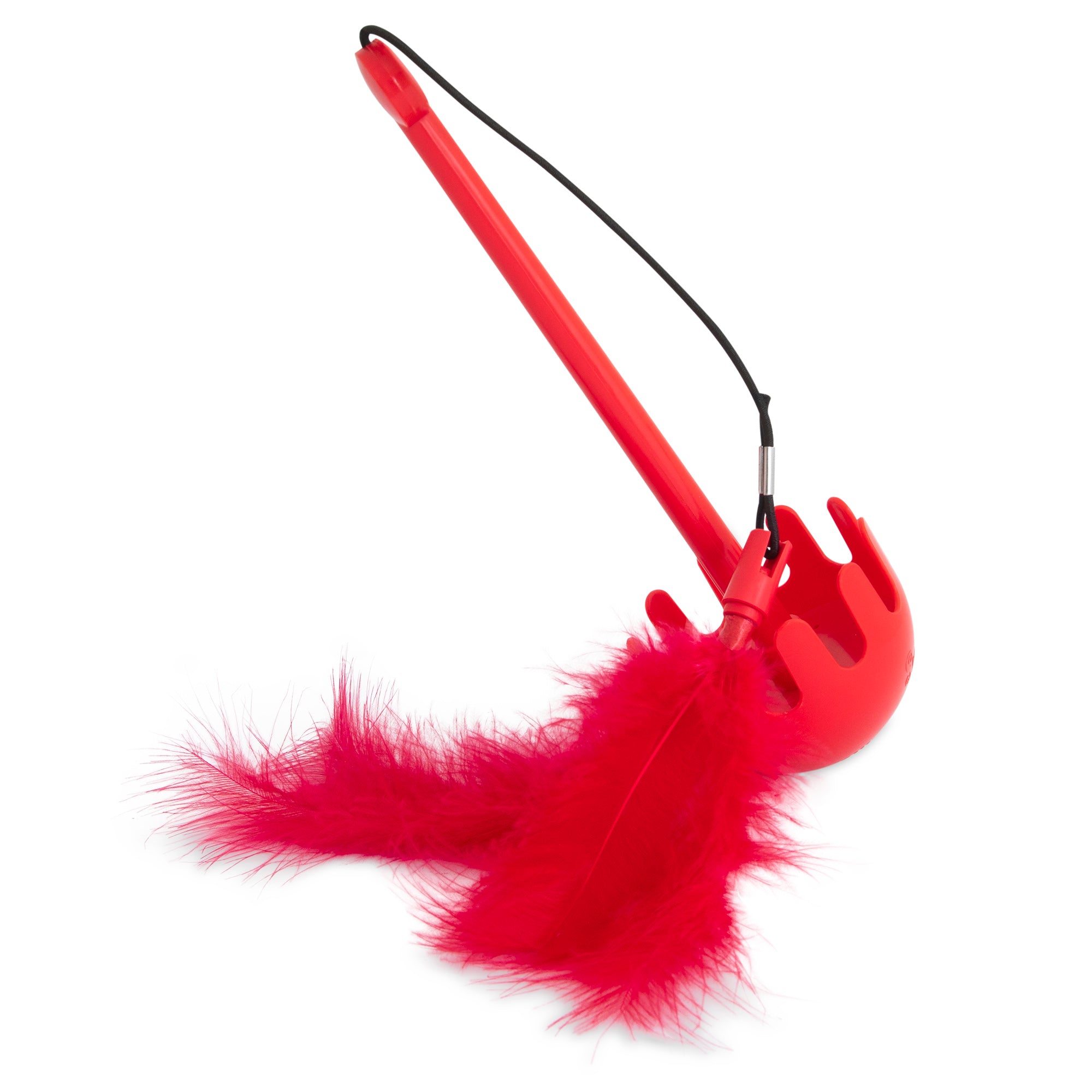 The JW Swatical Cat Toy by Jw is a bright red, paw-powered cat toy featuring a long handle with a ball. Vibrant pink feathers dangle from the ball via a black string, designed to engage and entertain cats in play.