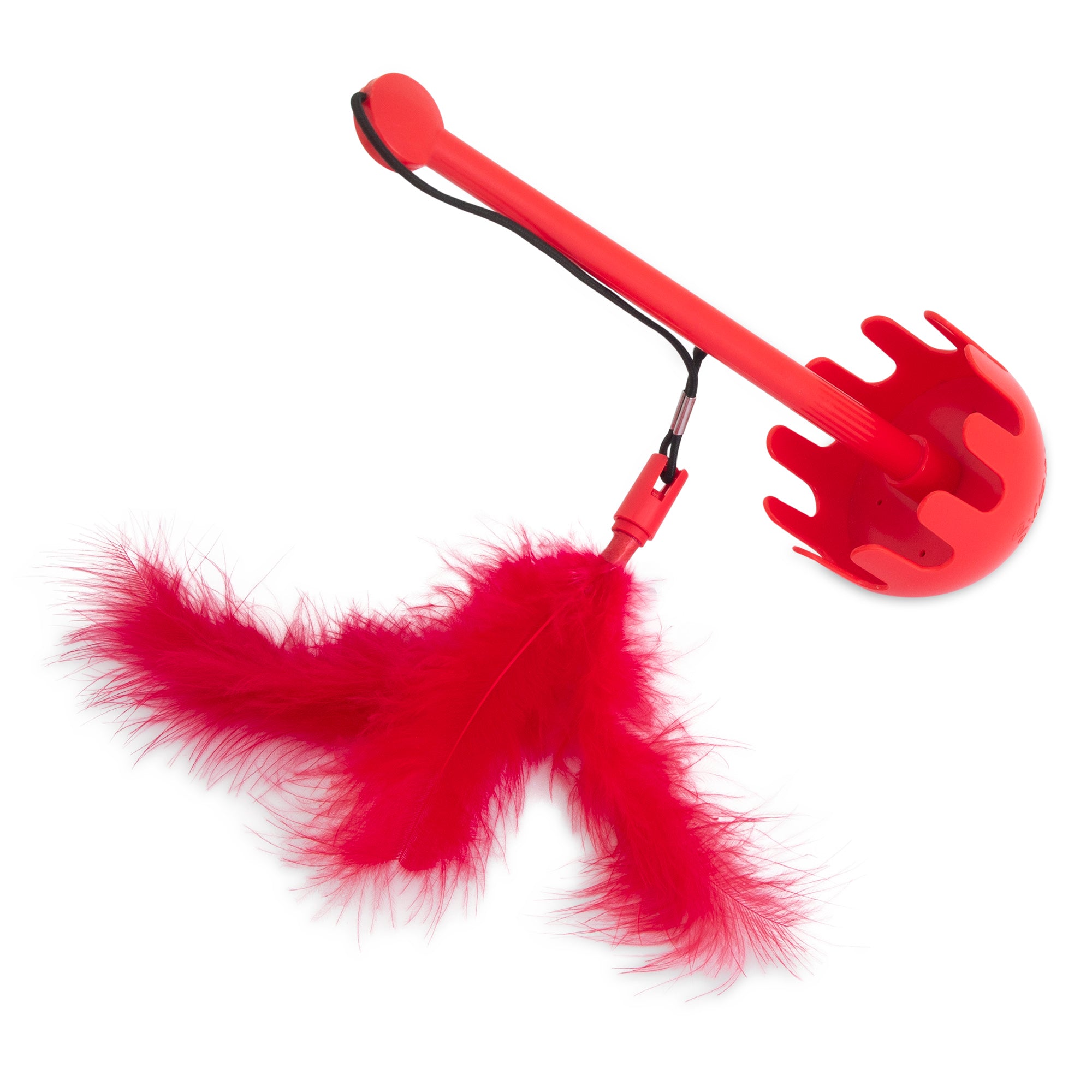 The JW Swatical Cat Toy by Jw is a paw-powered red cat toy with a rounded cage-like structure and bright red feathers, designed to entertain and engage pets during playtime.