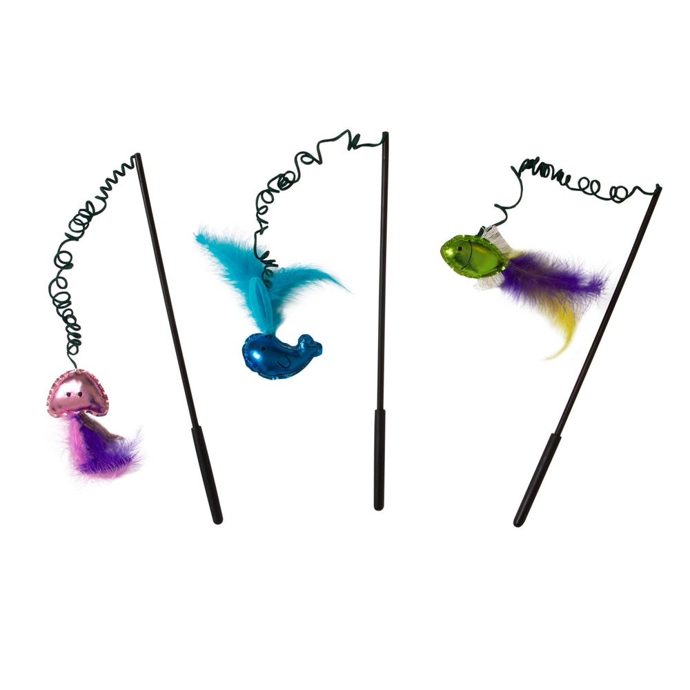The JW Wanderfuls Cat Toy Wand by Jw includes three interactive toys with black wands and coiled wires attached to metallic characters—a pink bird, blue fish, and green mouse—each with vibrant feathers and catnip for your felines exercise and mental stimulation.