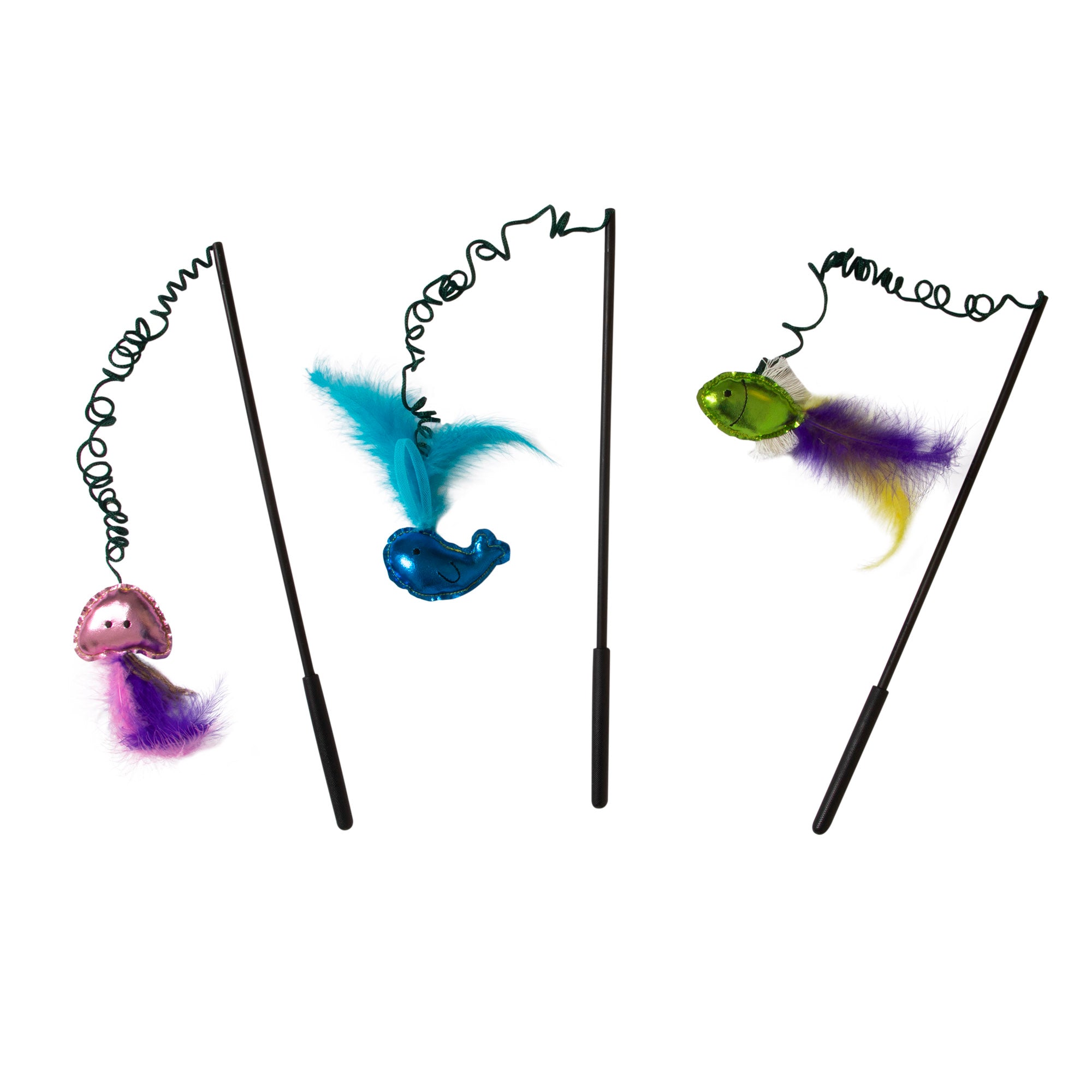 The JW Wanderfuls Cat Toy Wand by Jw includes three interactive toys with black wands and coiled wires attached to metallic characters—a pink bird, blue fish, and green mouse—each with vibrant feathers and catnip for your felines exercise and mental stimulation.