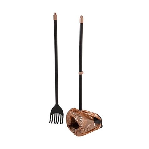 The Arm & Hammer Swivel Bin & Rake and pooper scooper, both in black with long handles and a brown plastic bag attached, ensure effective odor control for hassle-free pet cleanup.
