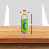 A compact green Arm & Hammer Dispenser with a top handle sits on a wooden surface. At 1.8 inches wide and 4 inches high, its ideal for storing dog waste bags with odor control. The text Colors may vary appears at the bottom.