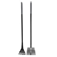 The Petmate Clean Response Aluminum Rake & Pan set includes a black, rust-resistant rake with wide prongs and a flat-base shovel. Both tools feature sleek grey handles and stand upright against a white background, perfect for fireplace cleaning or versatile tasks like backyard dog poop clean-up.