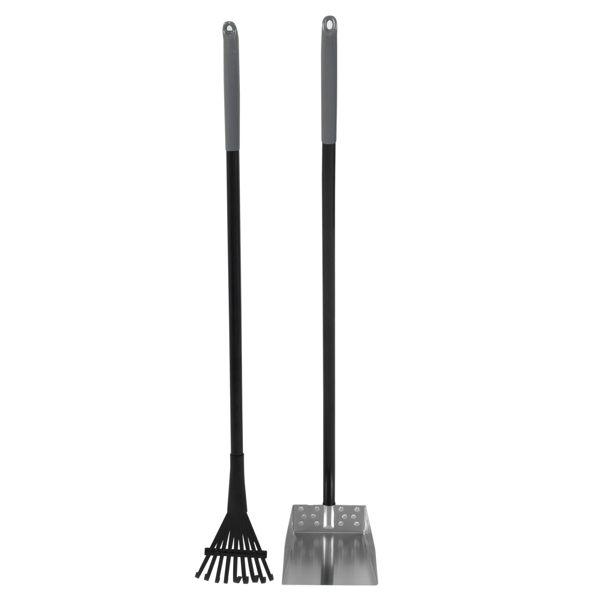 The Petmate Clean Response Aluminum Rake & Pan set includes a black, rust-resistant rake with wide prongs and a flat-base shovel. Both tools feature sleek grey handles and stand upright against a white background, perfect for fireplace cleaning or versatile tasks like backyard dog poop clean-up.