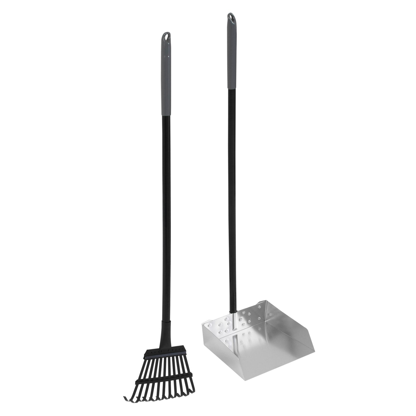 Introducing the Petmate Clean Response Aluminum Rake & Pan set, perfect for backyard dog waste cleanup. This rust-resistant toolset features a black-handled rake with multiple prongs and a perforated dustpan, both with long handles. Practical and stylish by Petmate.